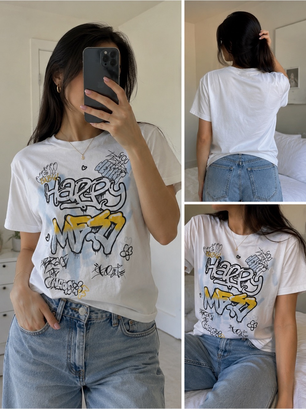 Bershka White Graphic Tee with Light Blue Accents